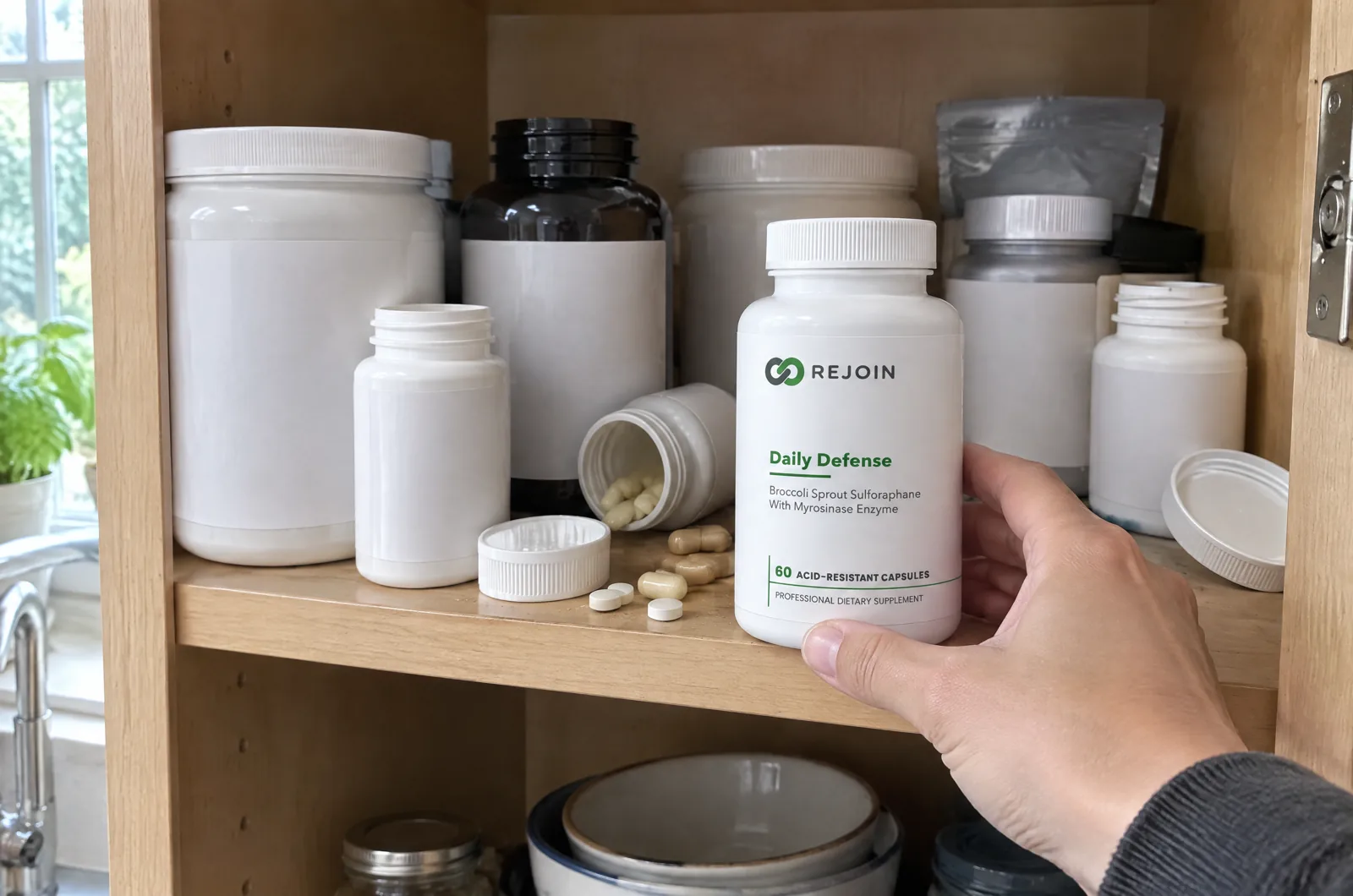 A cupboard shelf of half-used supplement bottles, a hand reaching for the Rejoin bottle